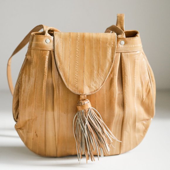 Light Camel Eel Skin Leather Oval OOAk Unique Tote - Picture 2 of 11